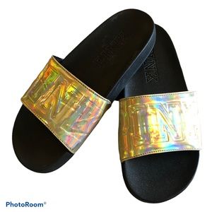 VS PINK Gold Iridescent Metallic Slides Sandal 7/8